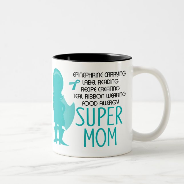 Food Allergy Super Mom Teal Silhouette Two-Tone Coffee Mug (Right)