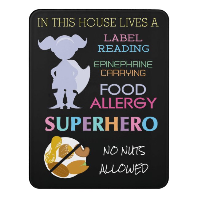 Food Allergy Superhero No Nuts Allowed Girls Door Sign (Contemporary Vert)