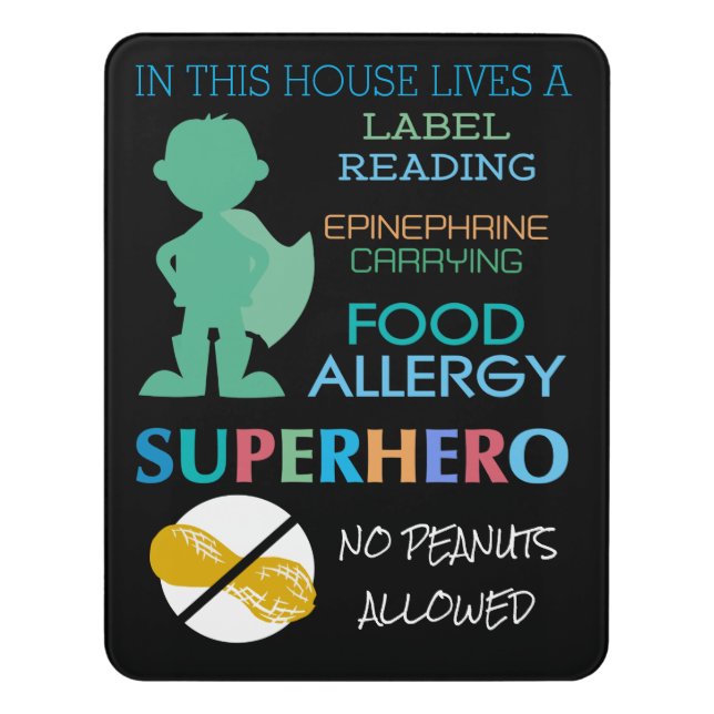 Food Allergy Superhero No Peanuts Allowed Boys Door Sign (Contemporary Vert)