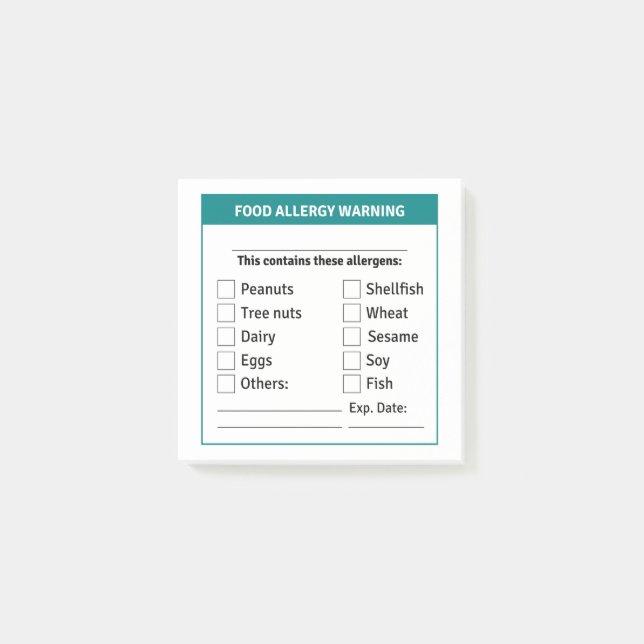 Food Allergy Warning, Allergen Post it Note (Front)