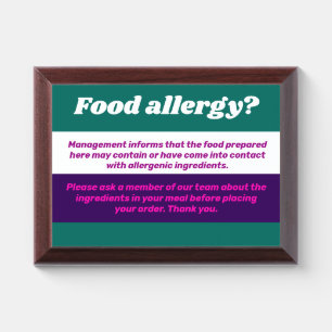 Food Allergy Warning Plaque