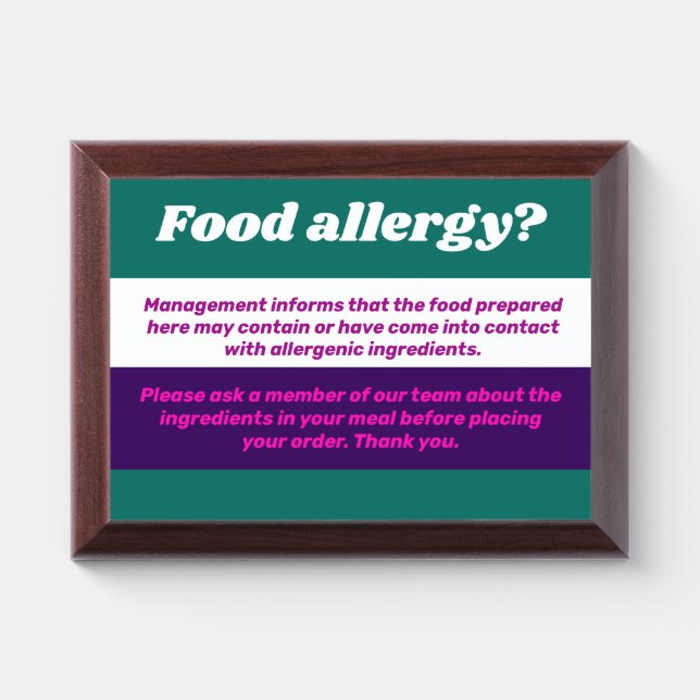 Food Allergy Warning Plaque (Horizontal)