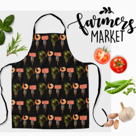 Food And Forks Print-all-over Black Chef / Cook Apron