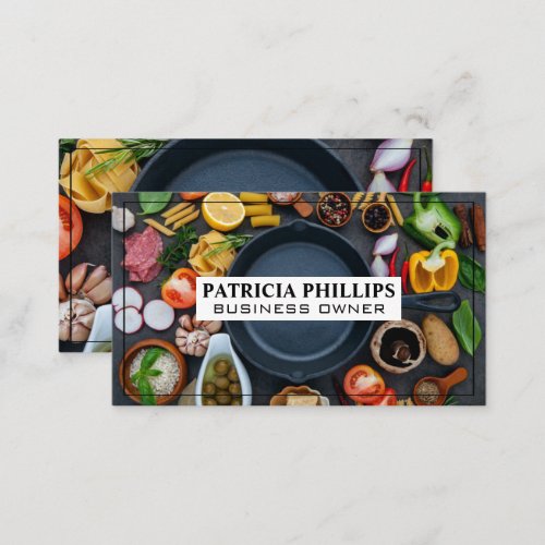 Food and Skillet on Table  Chef Restaurant Business Card