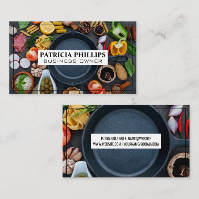 Food and Skillet on Table | Chef Restaurant Business Card (Front/Back)