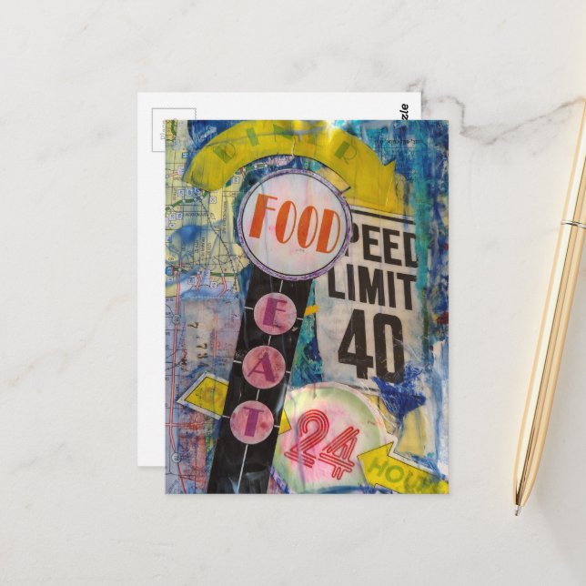 Food and Speed Limits Mixed Media Collage Postcard (Front/Back In Situ)