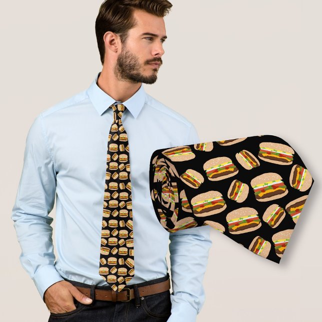 Food Black Pattern Burgers Neck Tie (Creator Uploaded)