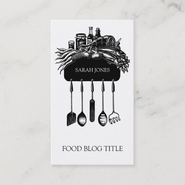 Food Blog Logo Hanging Kitchen Utensils Business Card (Front)