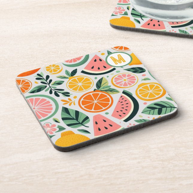Food Blogger Decor Fruity Foodie Summer Monogram  Beverage Coaster (Left Side)