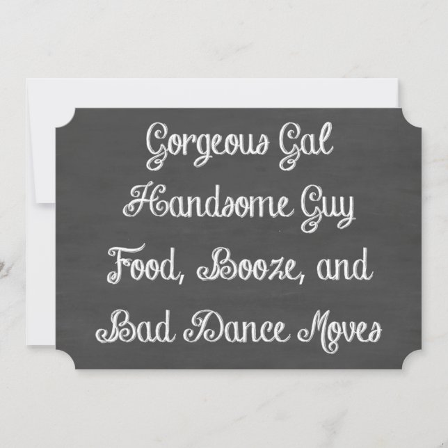 Food, Booze, And Bad Dance Moves Chalkboard Invitation (Front)