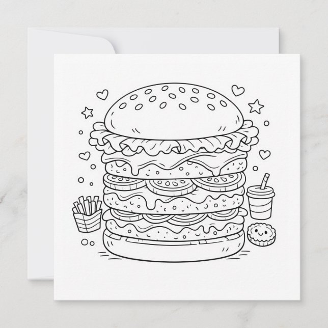 Food Burger Coloring Page Black White Card (Front)