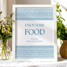 Food corner Greek toga party table Sign in blue