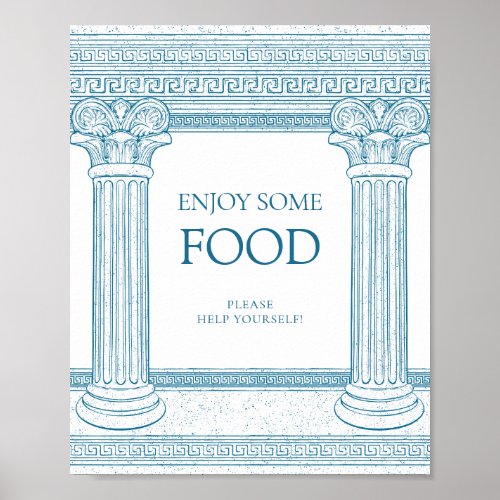 Food corner Greek toga party table Sign in blue 