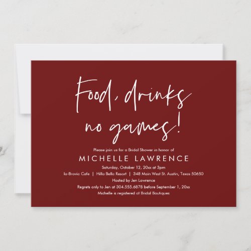Food drinks no games Fun Bridal Shower Party In Invitation