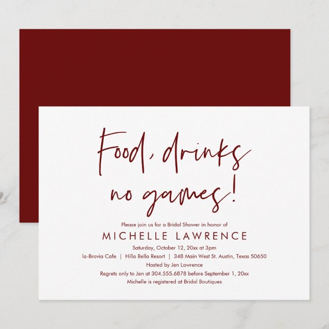 Food, drinks, no games, Fun Bridal Shower Party Invitation (Front/Back)