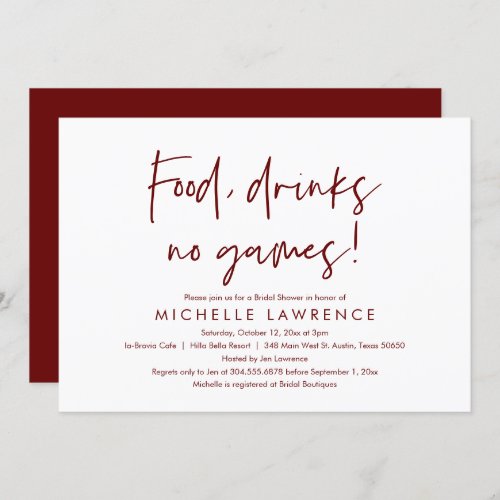Food drinks no games Fun Bridal Shower Party Invitation