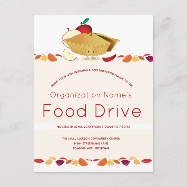 Food Drive Organization Name Leaves Cartoon Pie Postcard (Front)
