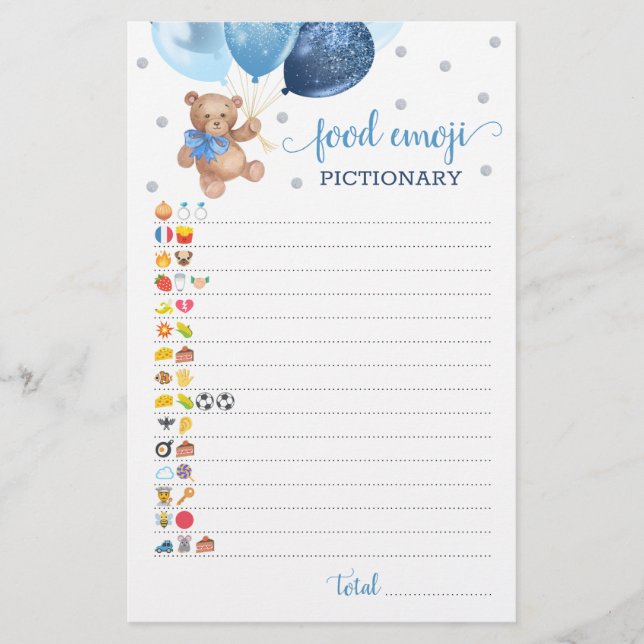 Food Emoji Pictionary Game Blue Silver Teddy Bear (Front)