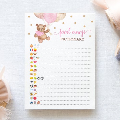 Food Emoji Pictionary game Pink Teddy Bear Card