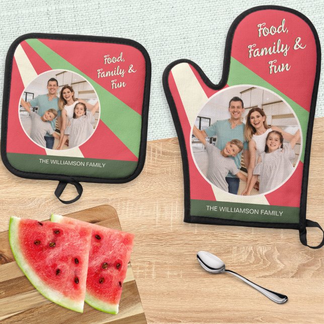 Food, Family & Fun Abstract Modern Photo Oven Mitt & Pot Holder Set ('Food, Family & Fun' custom photo oven mitt and pot holder set, in watermelon red, green and cream)