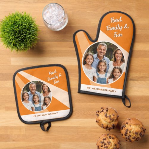 Food Family Fun Photo Personalized Orange Oven Mitt  Pot Holder Set