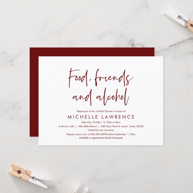 Food, Friends and Alcohol, Casual Bridal Shower Invitation (Front/Back In Situ)