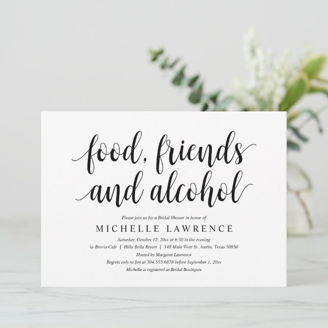 Food, friends and alcohol, Modern Bridal Shower Invitation (Standing Front)