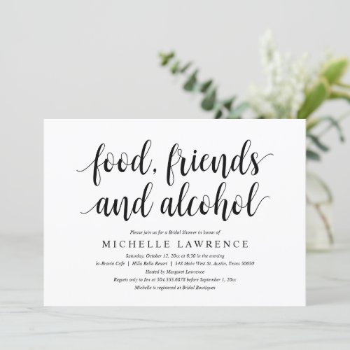 Food friends and alcohol Modern Bridal Shower Invitation