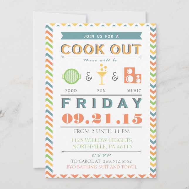 Food, Fun and Music Barbeque (BBQ) Cookout Invite (Front)