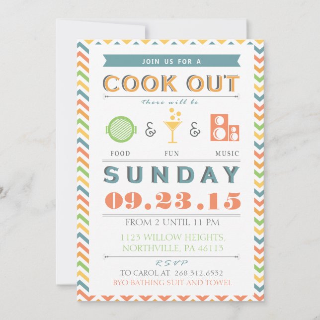 Food, Fun and Music Barbeque (BBQ) Cookout Invite (Front)