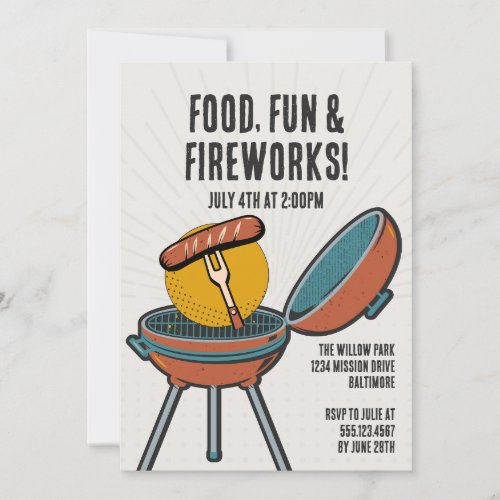 Food Fun Fireworks Barbecue 4th of July BBQ Party Invitation