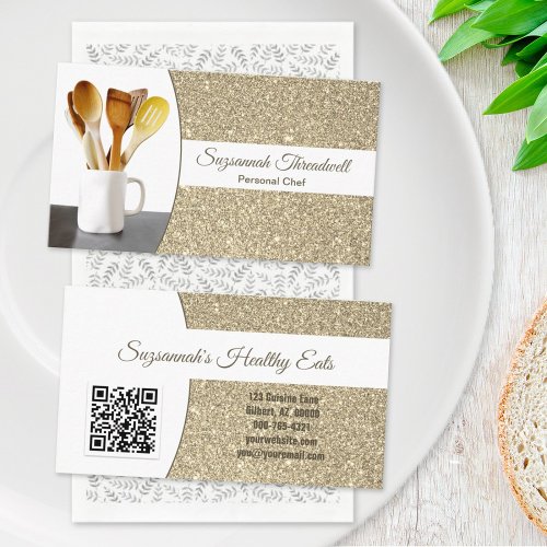 Food Industry Subtle Gold Glitter Custom Photo QR Business Card