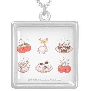 Food items displayed against white background silver plated necklace