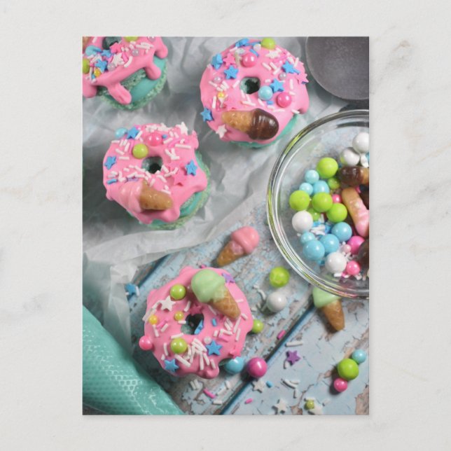 Food Photography Frosted Pink Donut Macarons Postcard (Front)