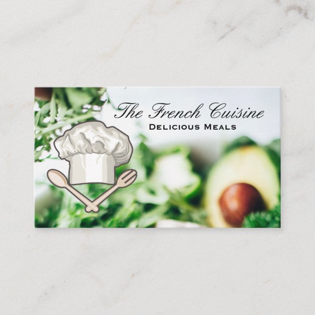 Food Restaurant Salad | Chef Hat Logo Business Card (Front)