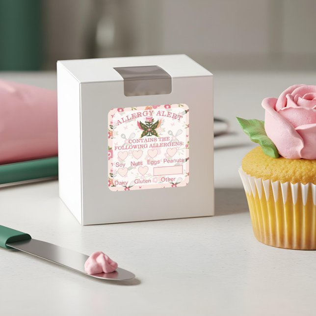 Food Safety Allergy Alert Bakery Butterfly Cake Square Sticker (Food Safety Allergy Alert Bakery Butterfly Cake Square Sticker)