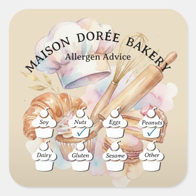 Food Safety Allergy Alert Bakery Pastry Chef Gold Square Sticker (Front)