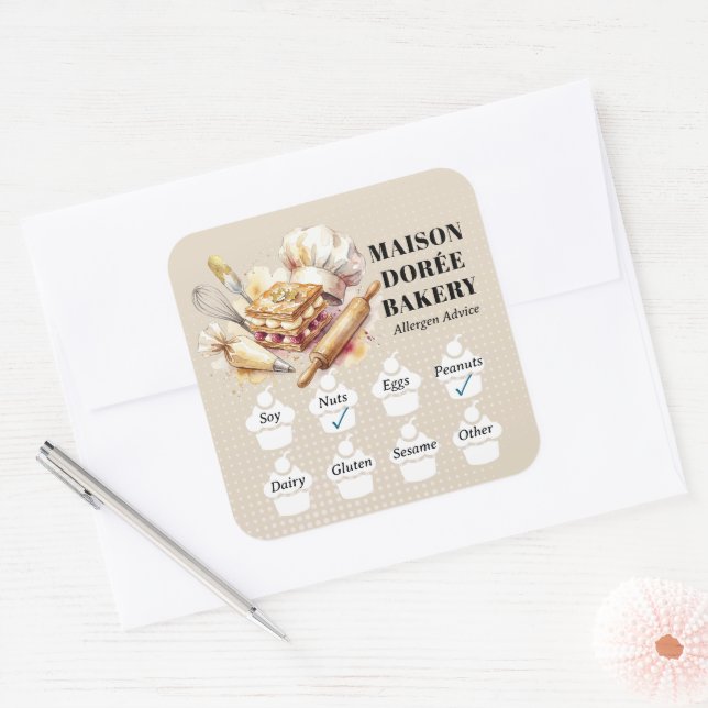 Food Safety Allergy Alert Bakery Pastry Chef Gold Square Sticker (Envelope)