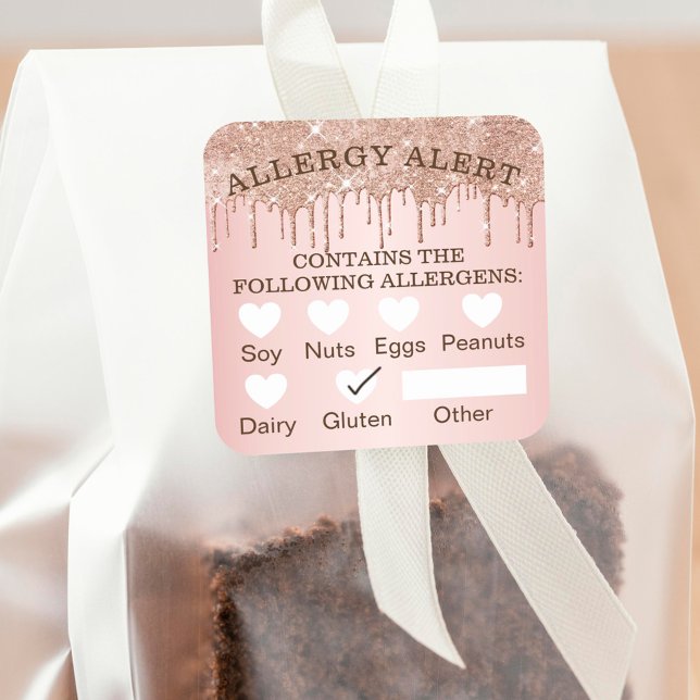 Food Safety Allergy Alert Rose Gold Glitter Drips Square Sticker (Creator Uploaded)