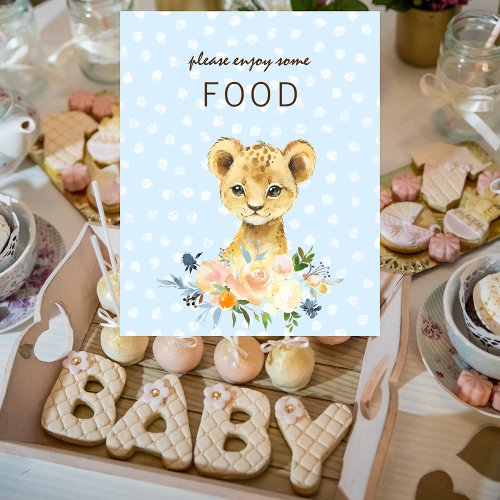 Food Table Baby Shower Lion Cub Floral Blue Poster
