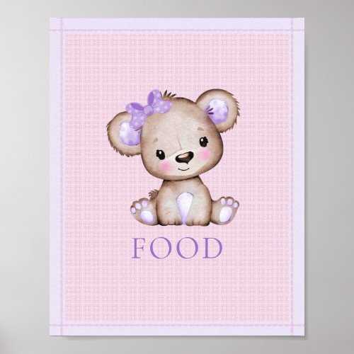 Food Table Cute Girl Purple Bear Baby Shower Poster