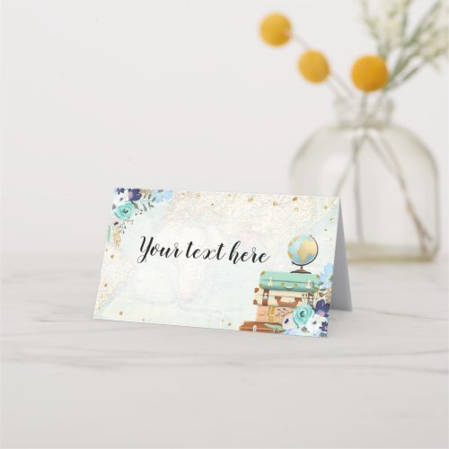 Food Tent Travel Blue Floral Gold Adventure Place Card