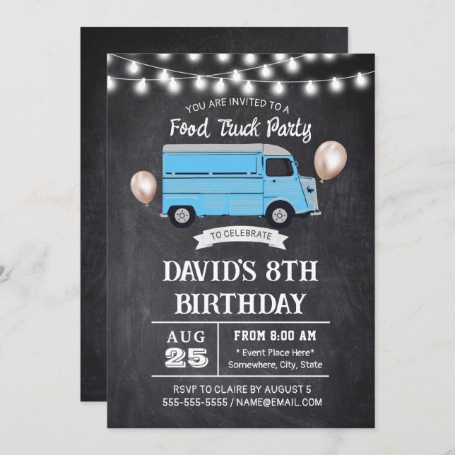 Food Truck Birthday Party Rustic Chalkboard Invitation (Front/Back)