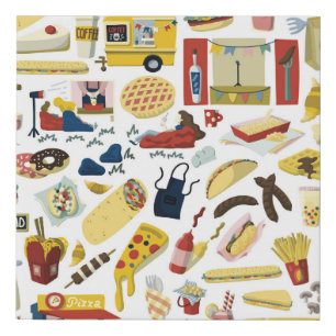 Food Truck Fest: Cartoon Pattern Faux Canvas Print