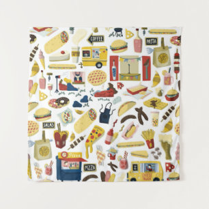 Food Truck Fest: Cartoon Pattern Tapestry