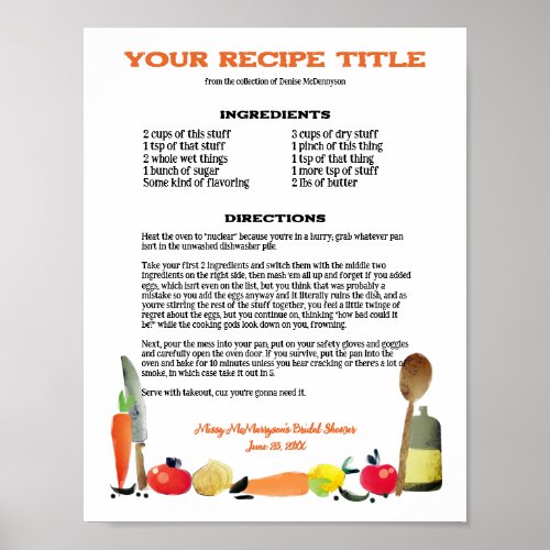 Food utensils watercolor personalized recipe sheet poster