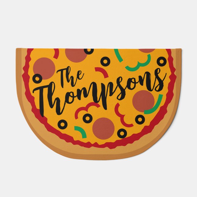 Foodie Cartoon Pizza Family Last Name Doormat (Front)