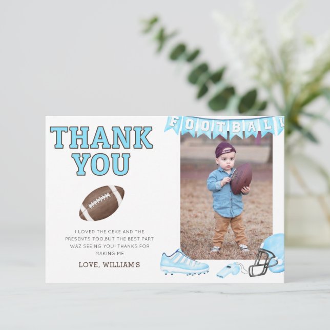 Foorball First Birthday Photo Thank You Card (Standing Front)