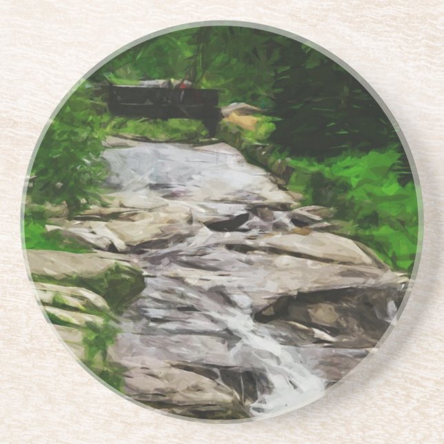 Foot Bridge Over Rocky Stream and Falls Abstract Drink Coaster (Front)
