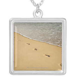 Foot prints in Sand with Wave Silver Plated Necklace